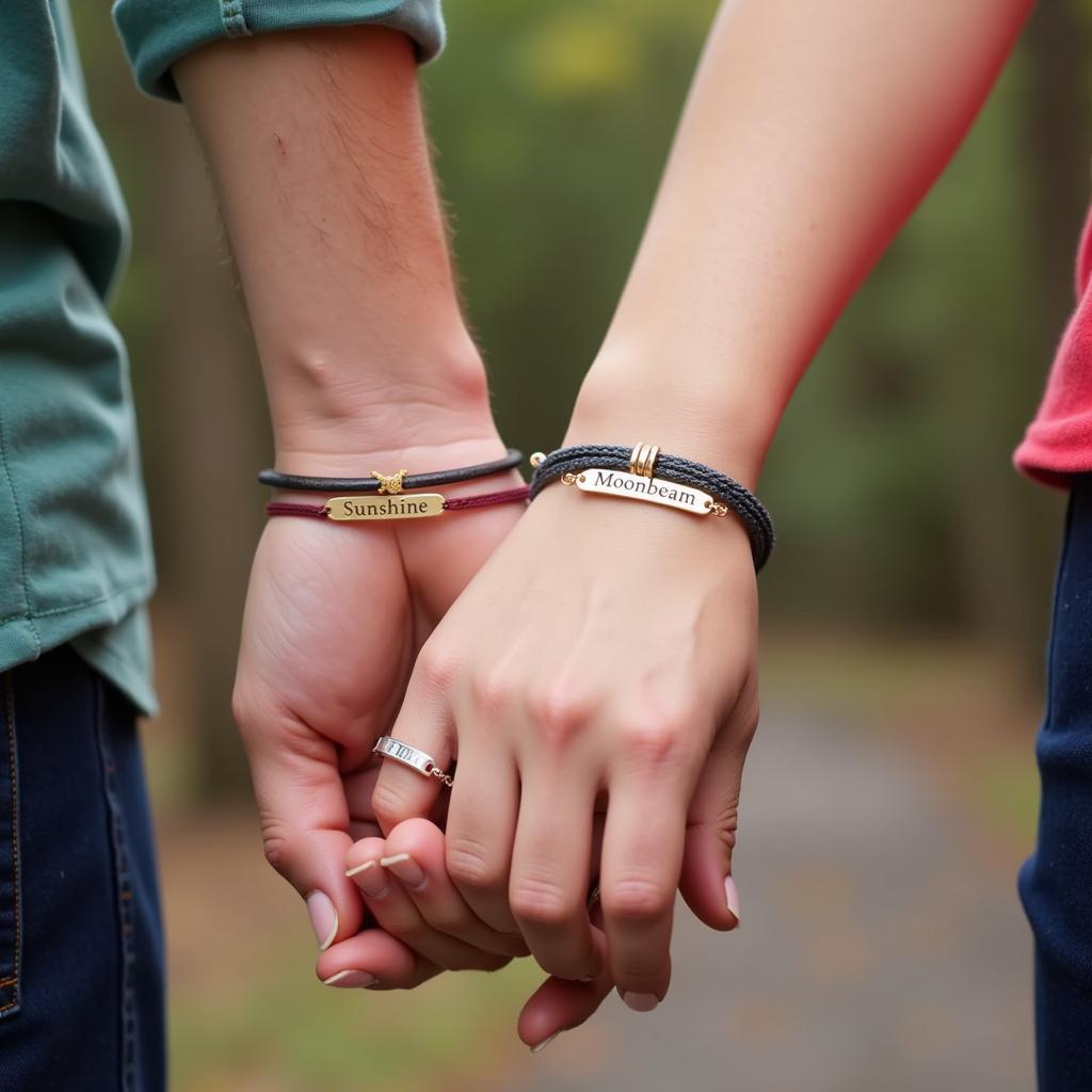 Unique Nicknames for Couples: Two people holding hands with personalized bracelets, symbolizing their unique bond.