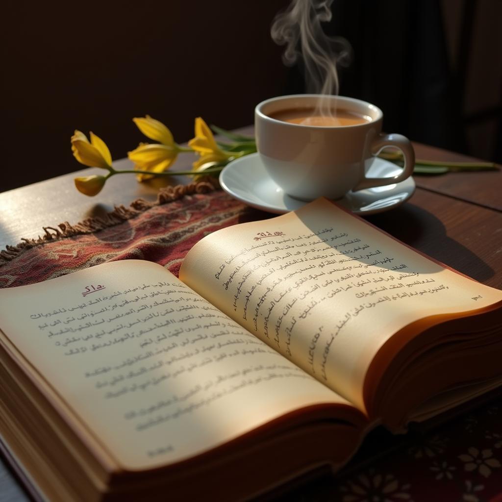 Open Urdu Poetry Book Near Chai Cup