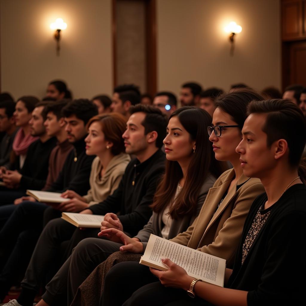 People gathered listening to Urdu poetry being recited