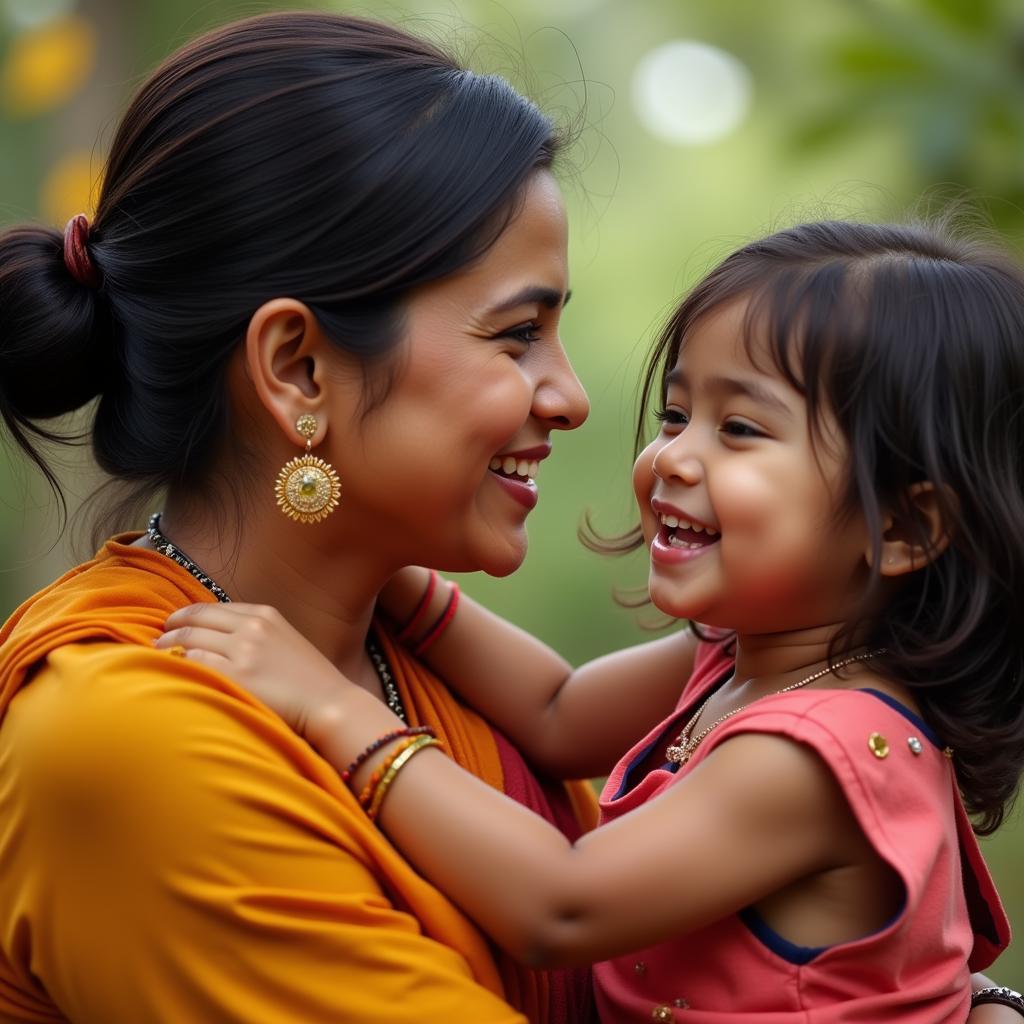 A woman smiling warmly at a child