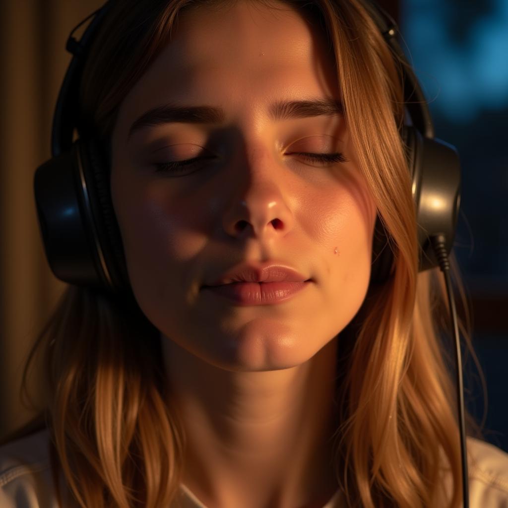 Woman Listening to Music With Headphones, Emotional