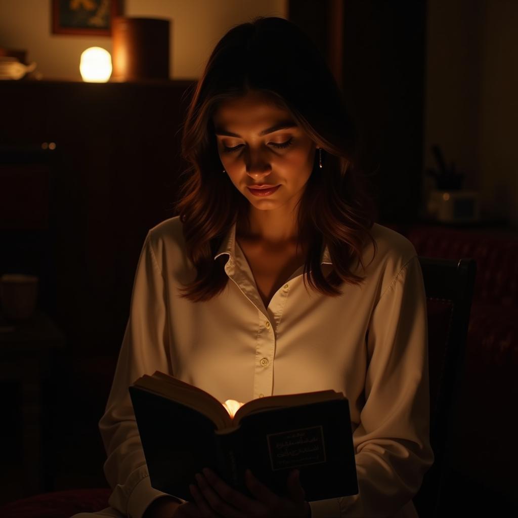 A woman reading a book of Urdu poetry, deeply engrossed