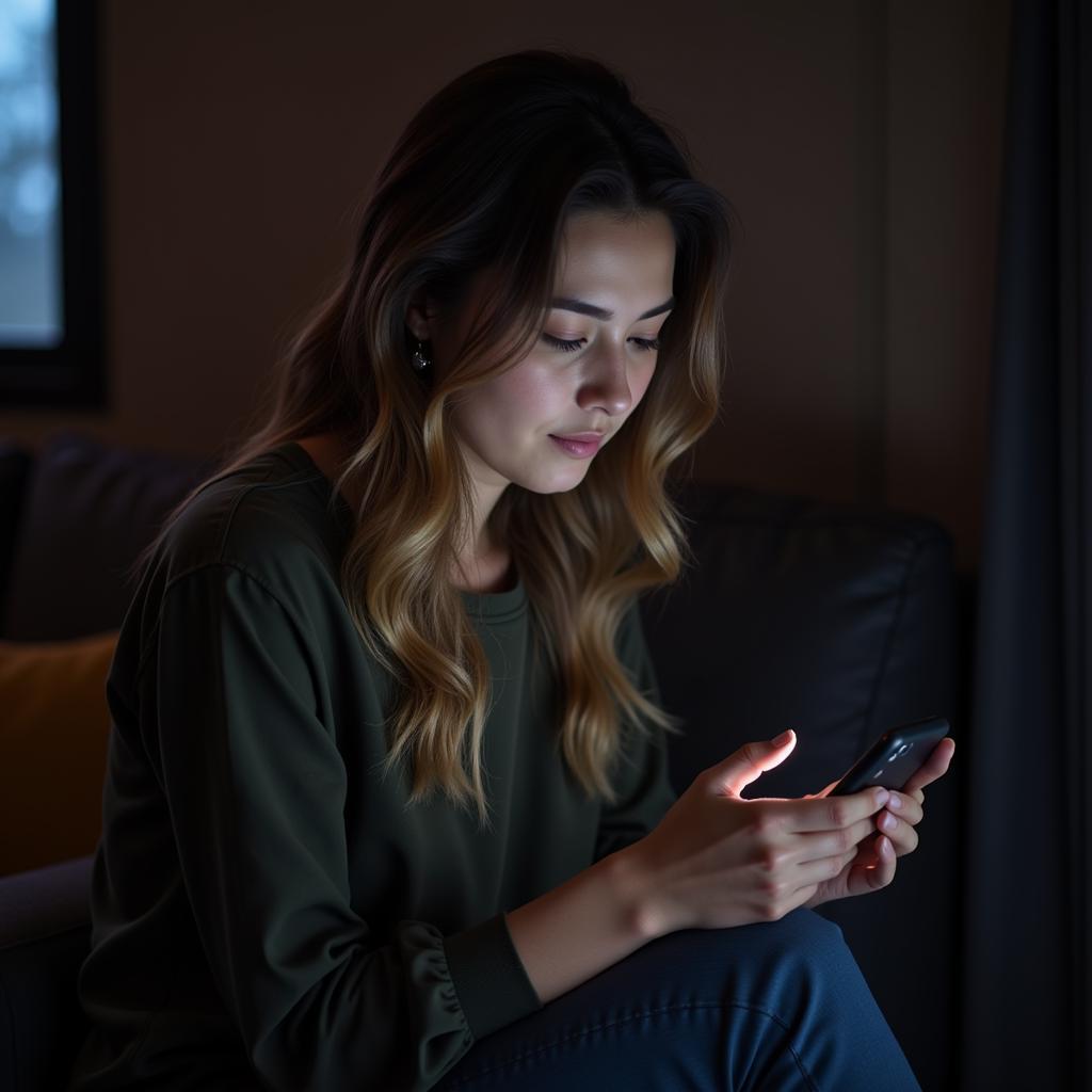 A woman watching a sad shayari video on her smartphone in a contemplative manner