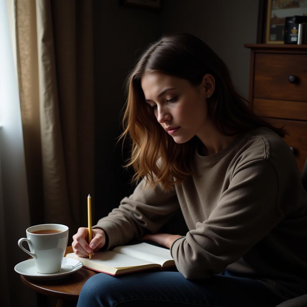 A woman writing in a diary, expressing her emotions through writing.