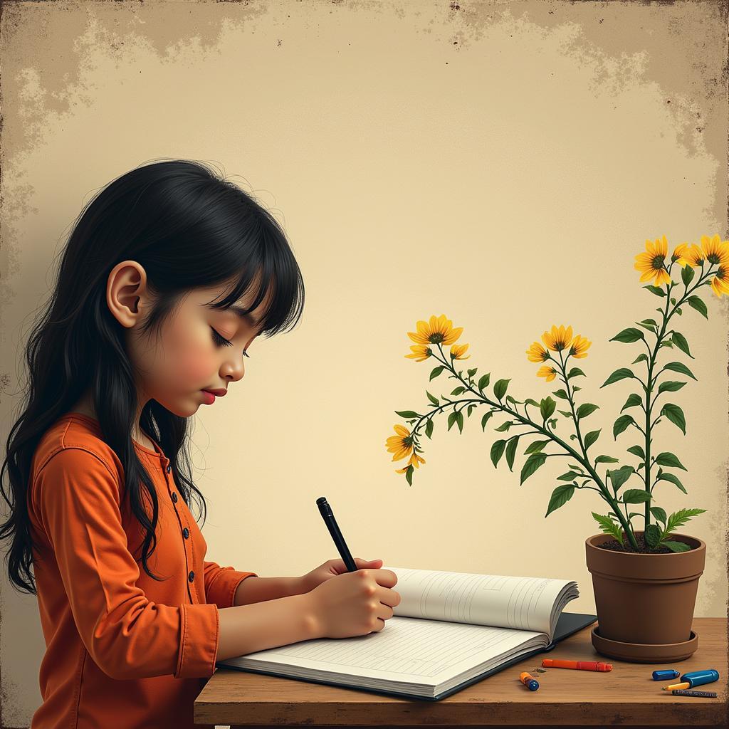 A woman writing in her diary late at night, illuminated by a soft lamp.