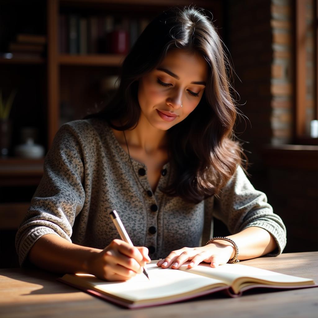 A woman writing Hindi shayari in a notebook, surrounded by books and flowers.