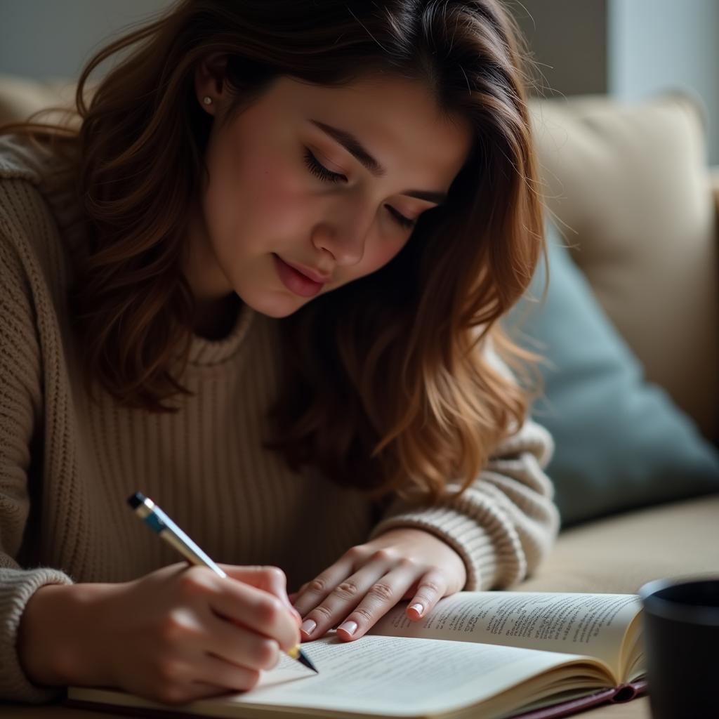 A woman writing in a journal with a thoughtful, sad expression, surrounded by soft lighting and a comforting atmosphere.