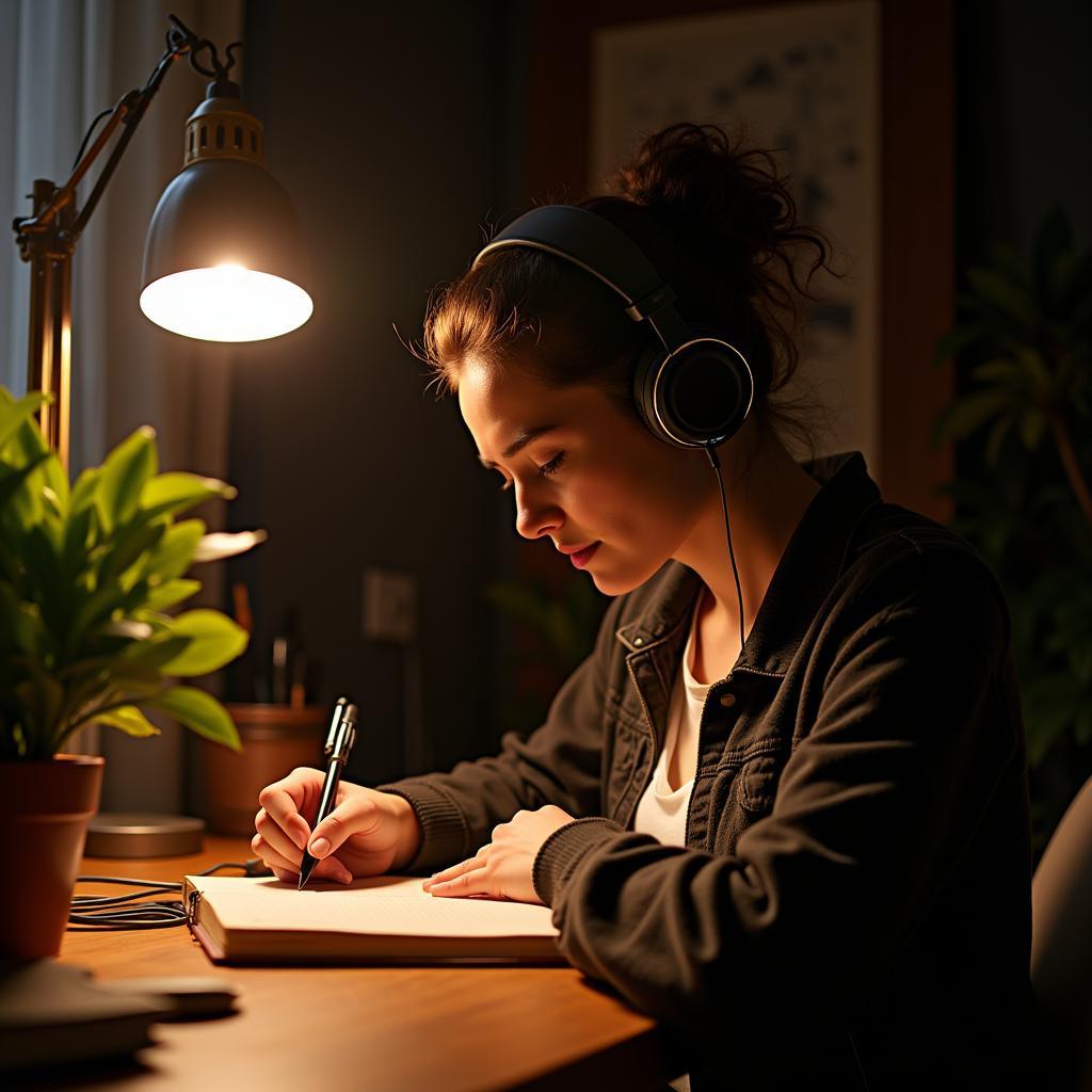 Woman journaling while listening to music, processing her emotions.