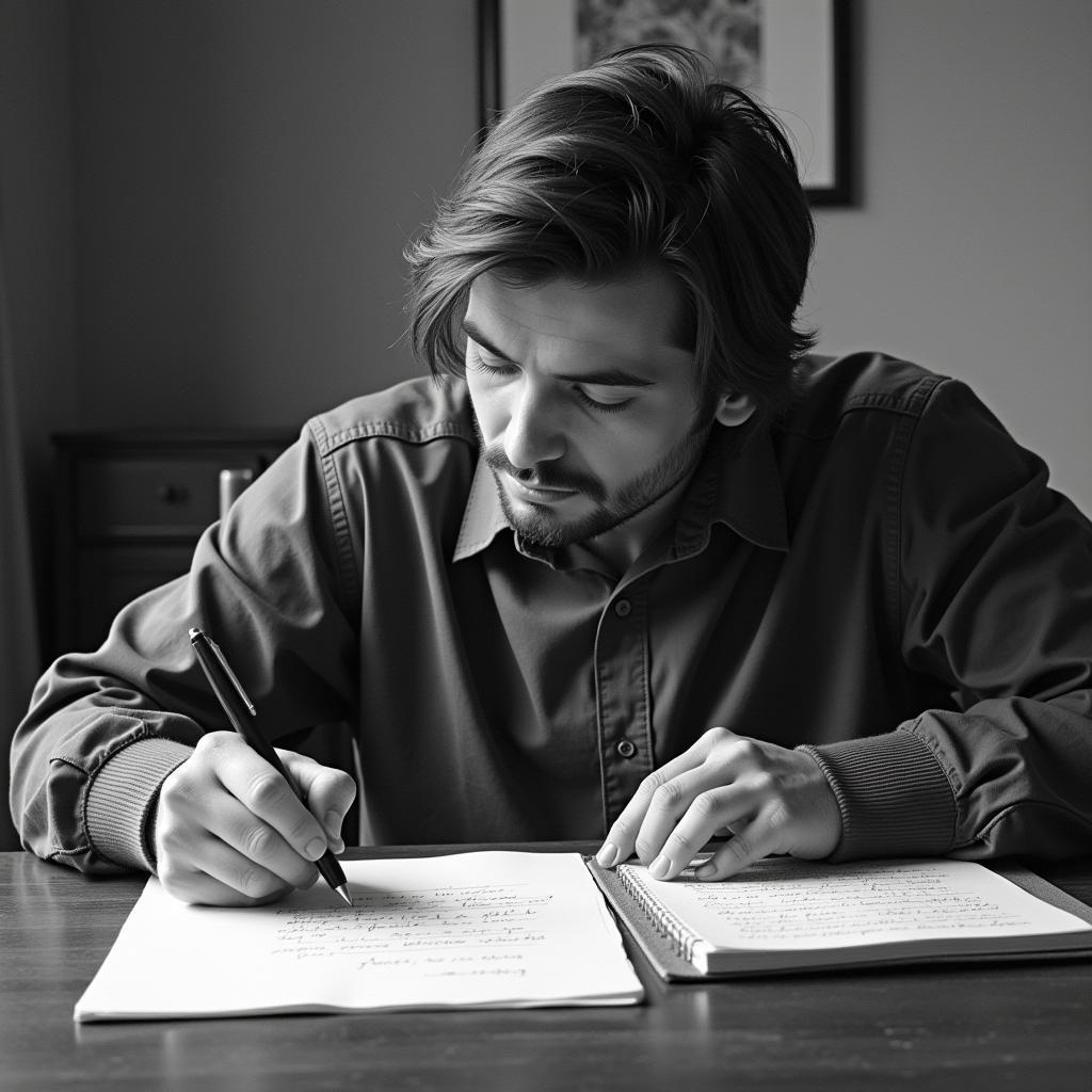 Writer composing sad lines with a pen and paper