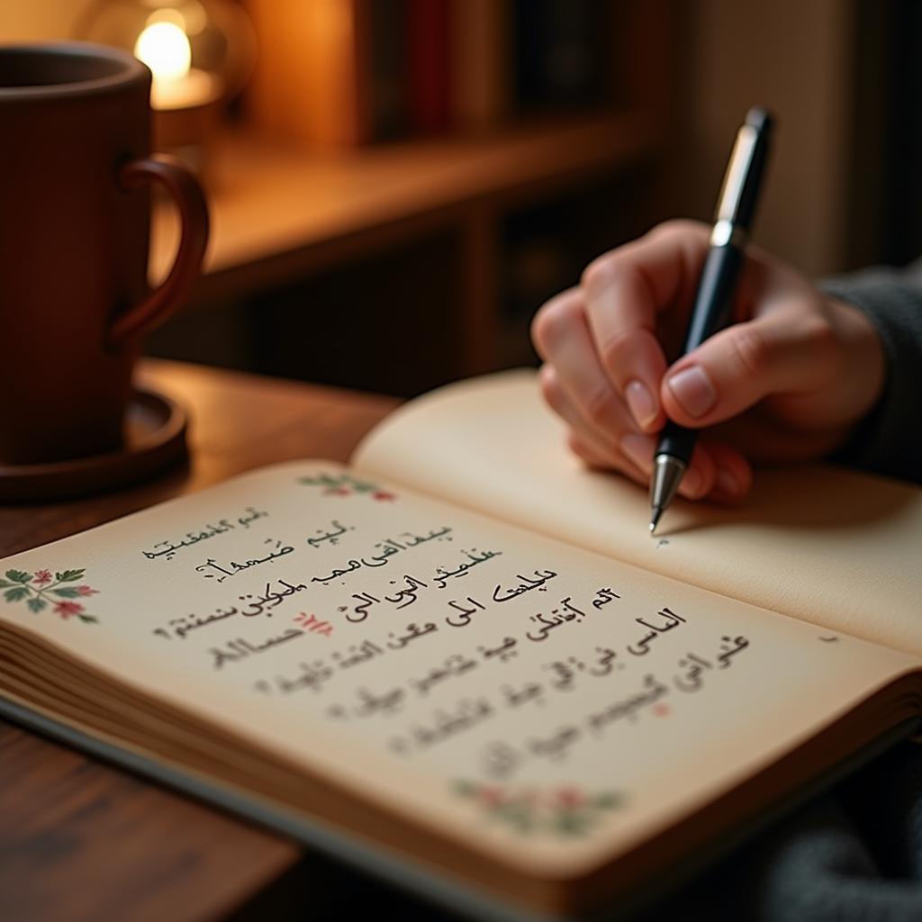 A person writing a name shayari in a notebook