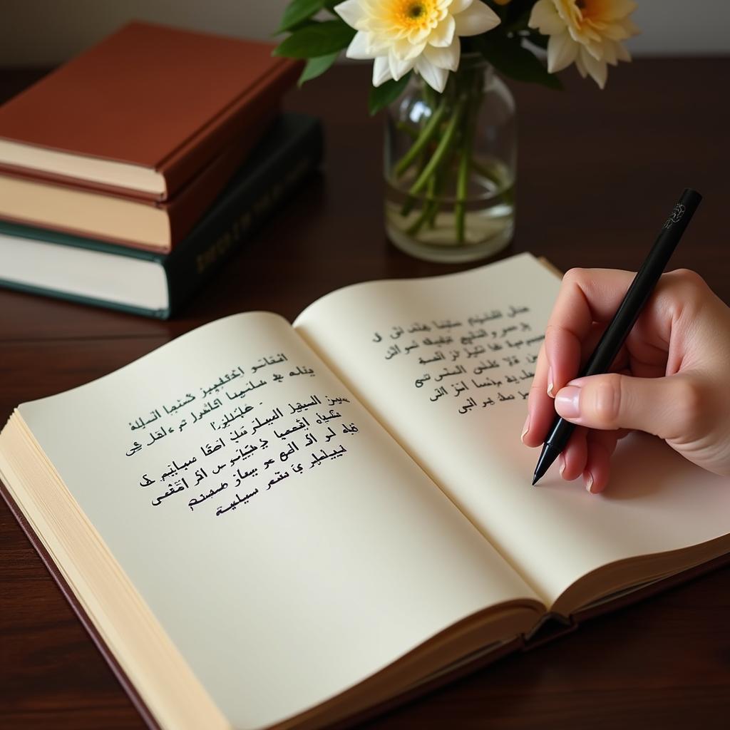 A person writing shayari in a notebook, surrounded by books and flowers, emphasizing the creative and personal nature of writing shayari.