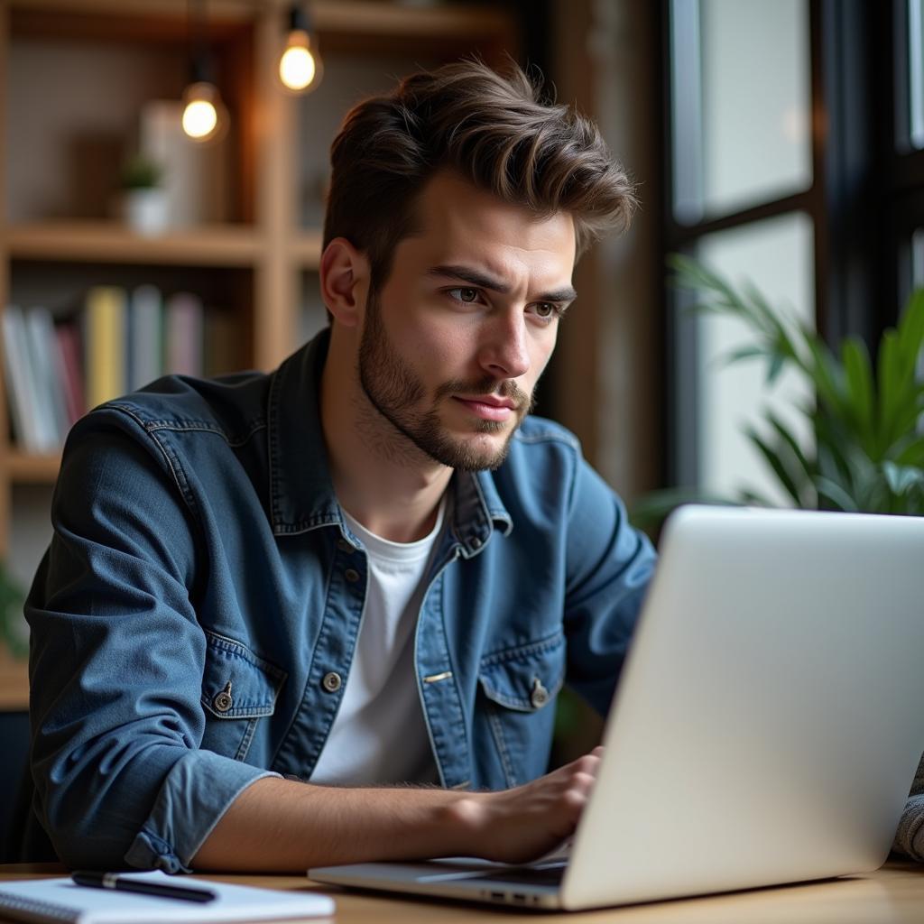 A young man sitting at a laptop, thoughtfully composing a caption.