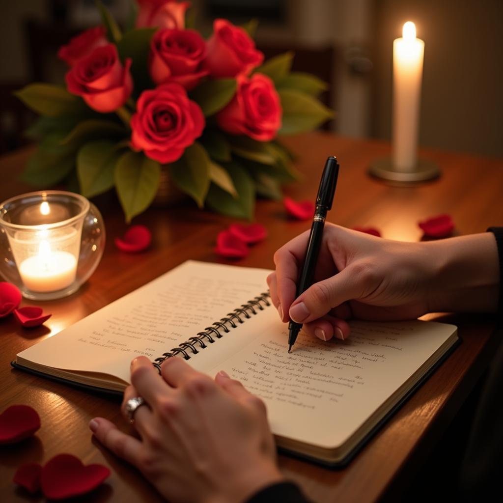 Writing Heartfelt Shayari: A person writing in a notebook with a pen, surrounded by flowers and candles, creating a peaceful and romantic atmosphere.