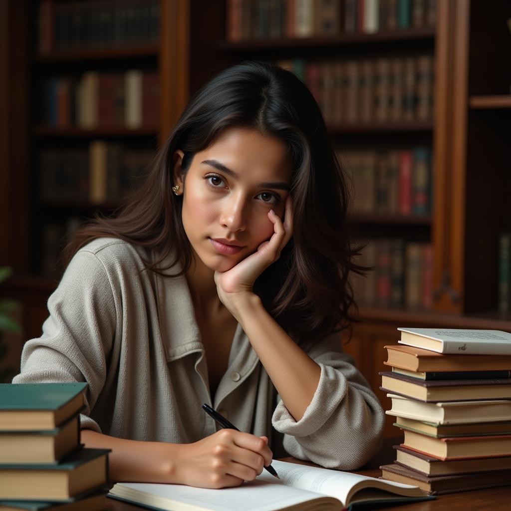 Writing Heartfelt Shayari: An image of a person writing in a notebook, surrounded by books and with a thoughtful expression, representing the creative process of composing personalized shayari.