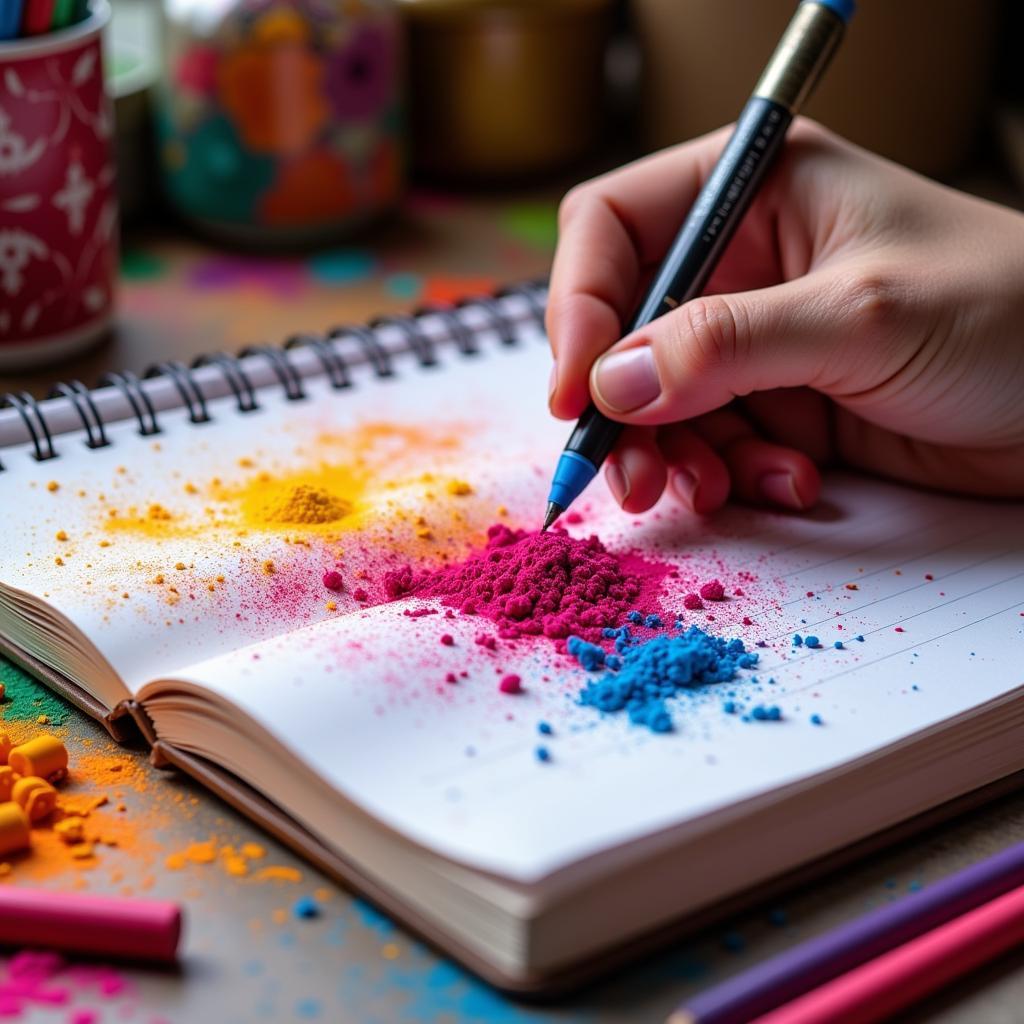 A person writing Holi shayari in a notebook, surrounded by colorful powders and pens.