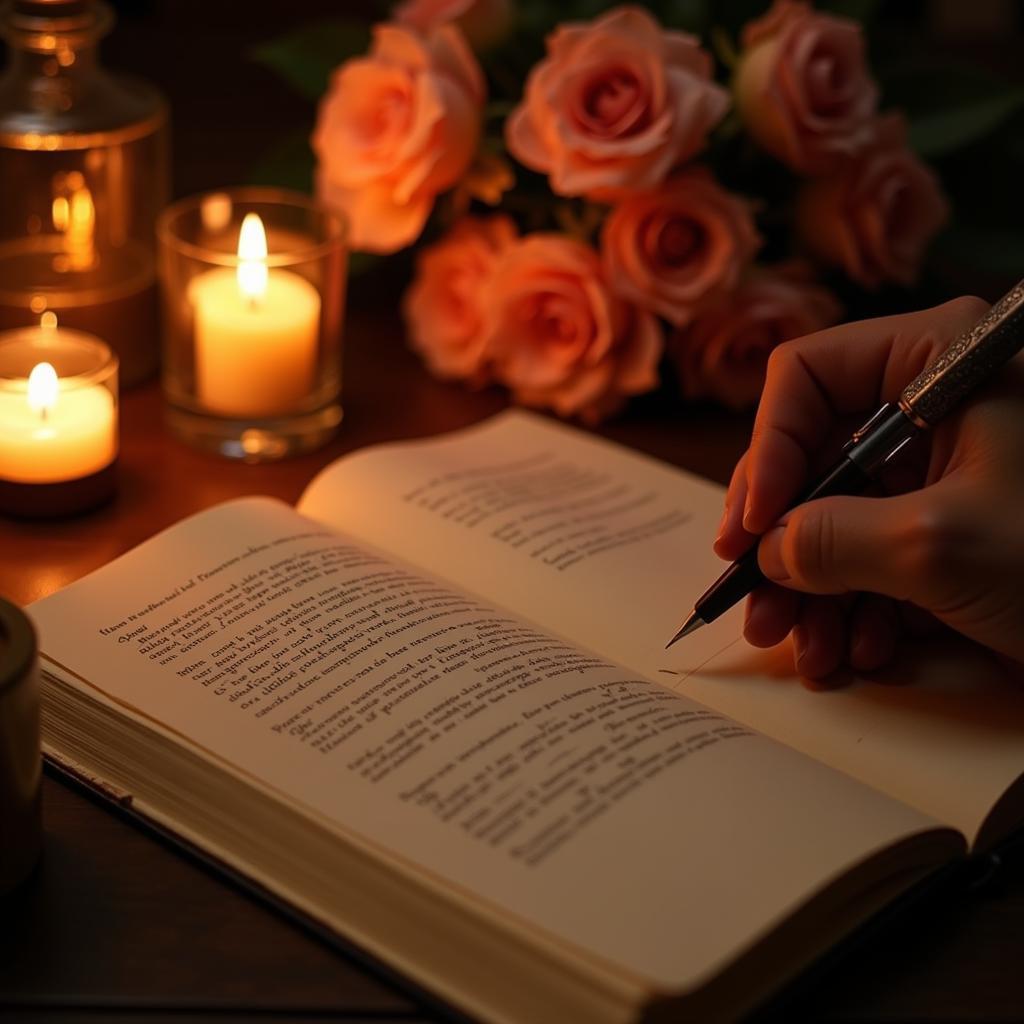 A person writing love shayari in a notebook with a pen, surrounded by flowers and candles, signifying the creative process.