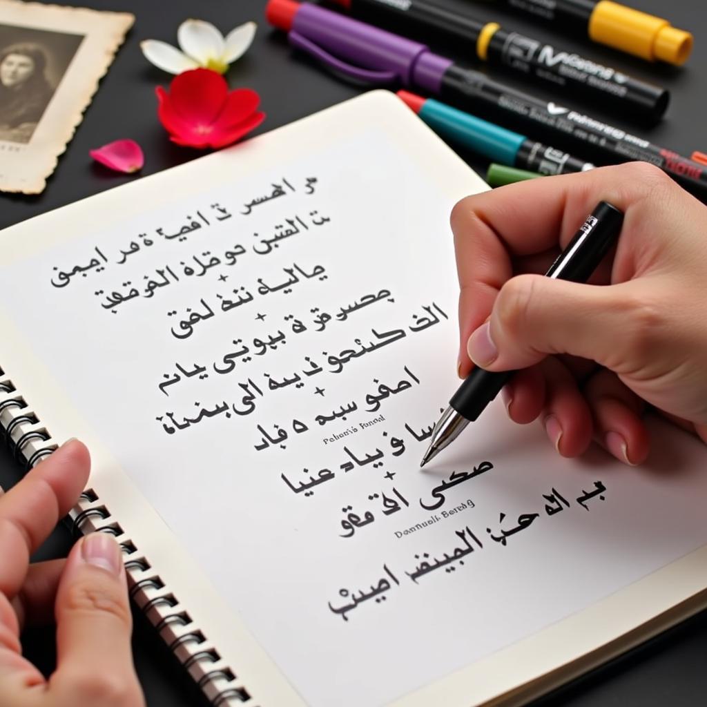 A person writing a personalized salgirah shayari in a notebook.