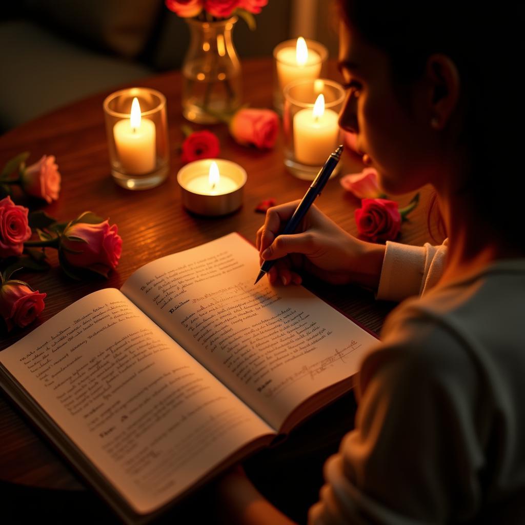 A person writing romantic shayari in a notebook, surrounded by flowers and candles.