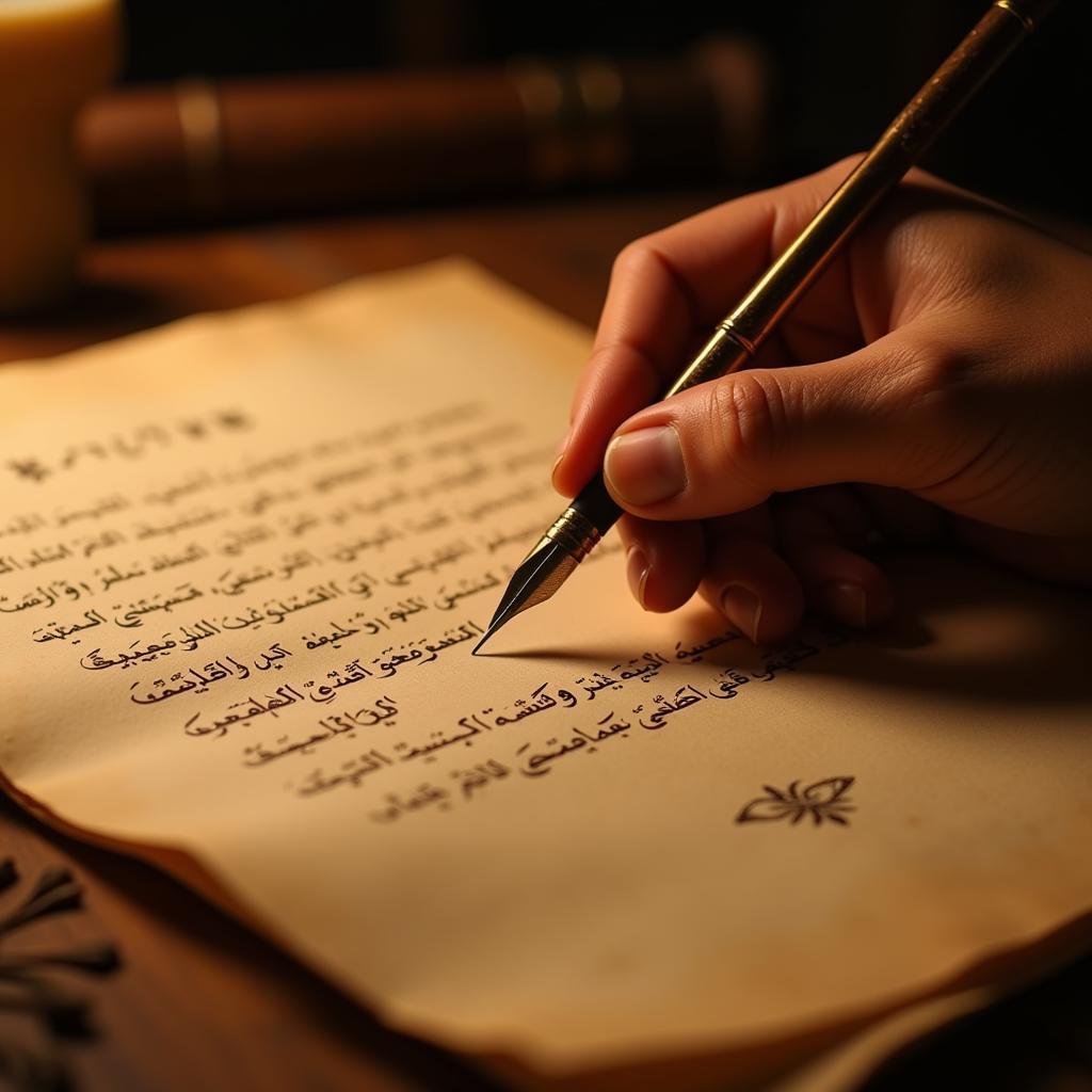 A hand writing sexy shayari on parchment with a quill, highlighting the art and craft of composing passionate verses.