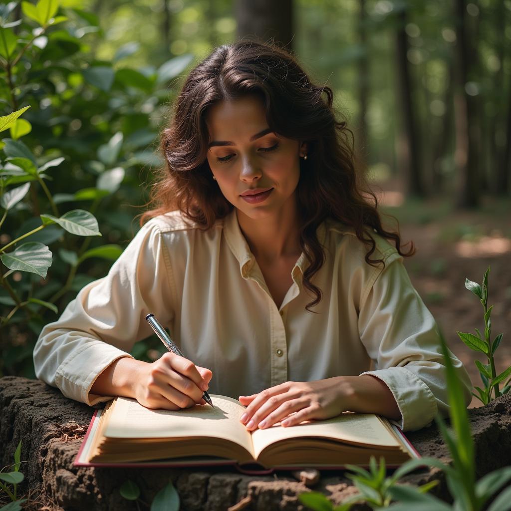 Person writing in a journal surrounded by nature