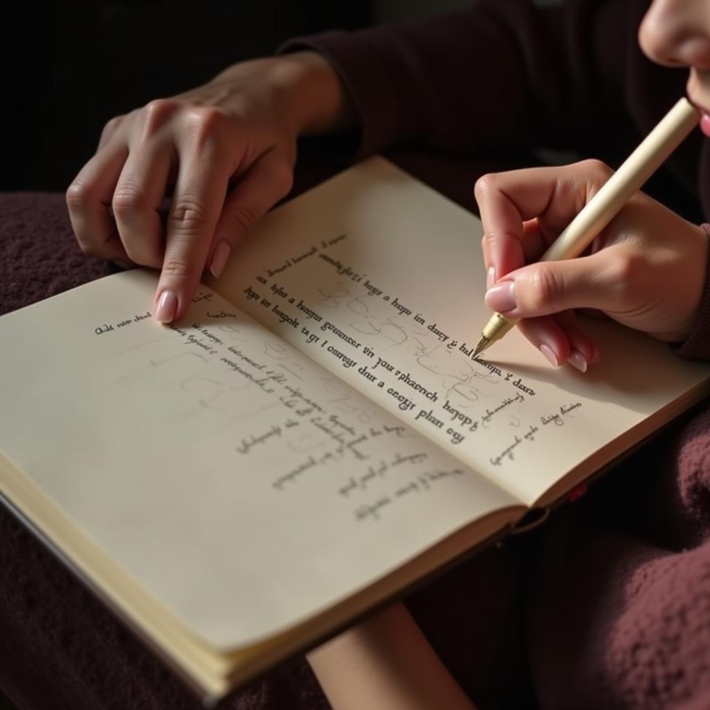 Close-up of a woman's hand writing shayari in a notebook, a pen resting gently between her fingers.