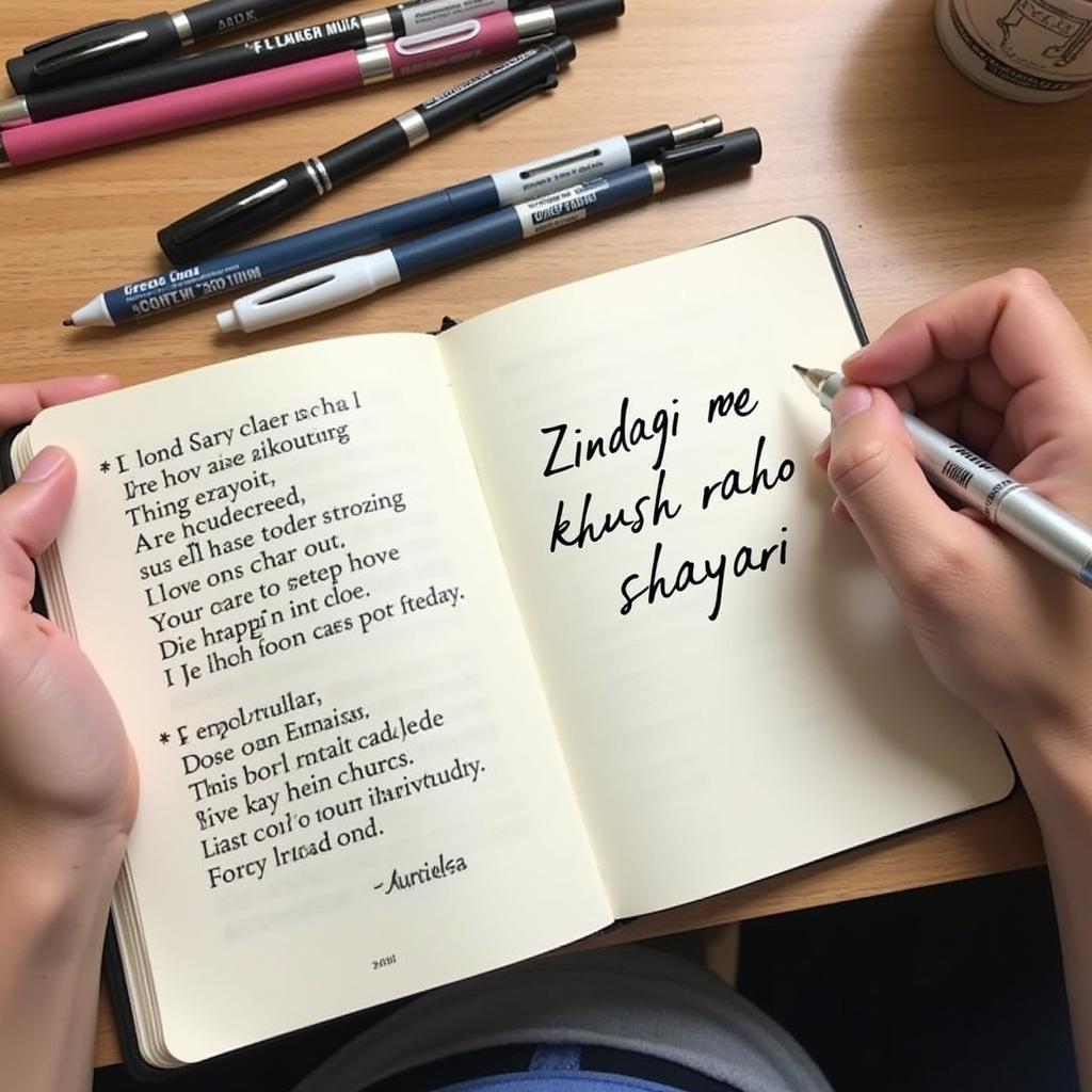 Writing "Zindagi Me Khush Raho Shayari" in a notebook