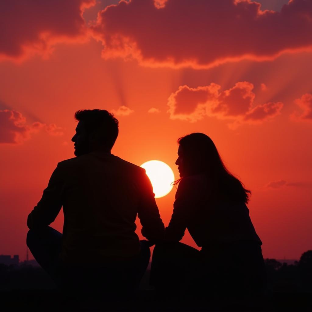 Couple looking at sunset, reminiscing about past memories