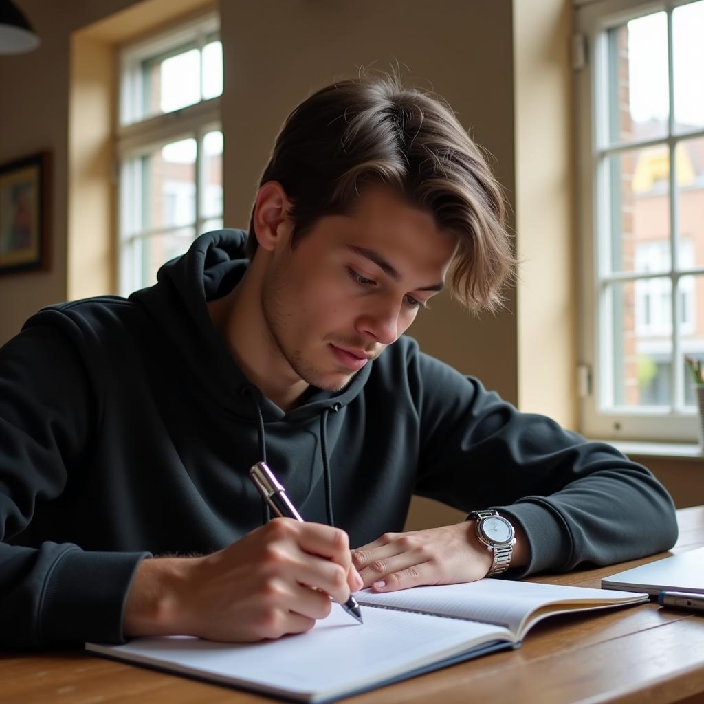 Young Man Writing in Notebook