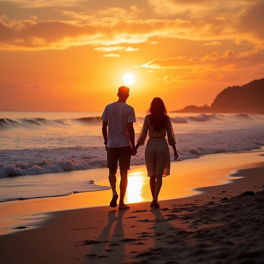 A couple walking hand-in-hand during sunset.