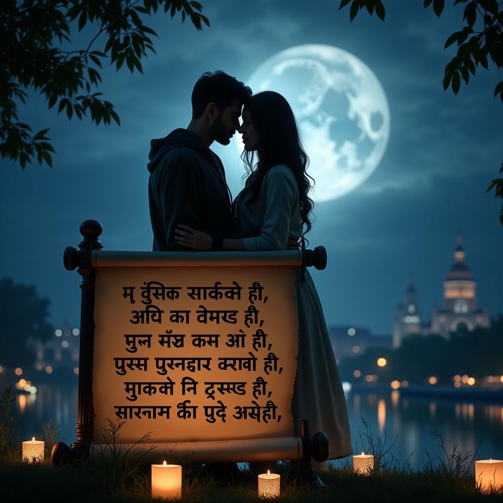 A Couple Embracing Under the Moonlight with Hindi Shayari Inscribed on a Scroll